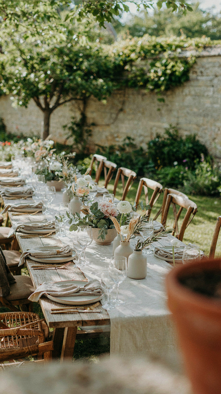 A simple outdoor long table has minimal decorations.