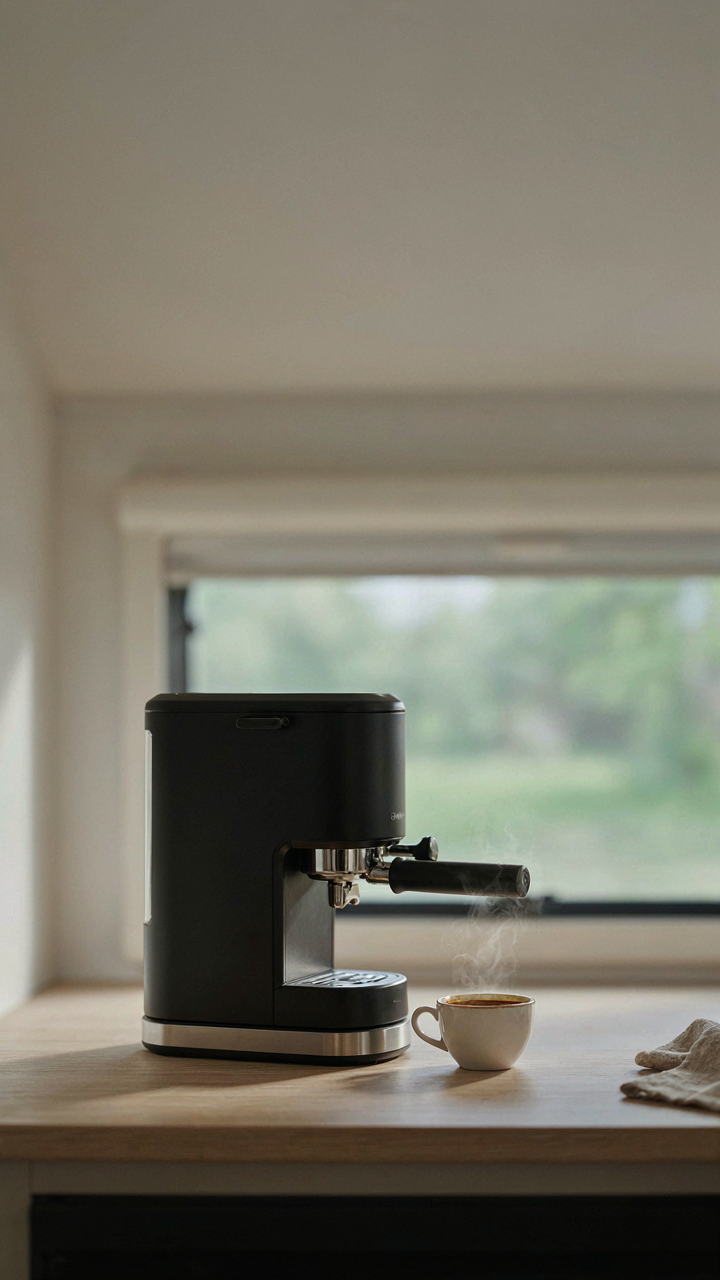 A minimalist RV kitchen counter with only an espresso maker, showing emptiness.
