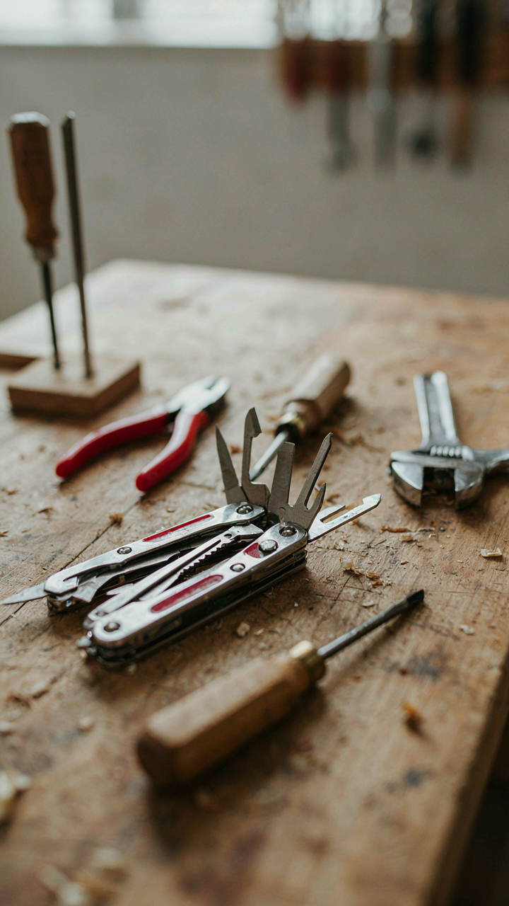 A multi-tool, like a Swiss Army knife, sits on a workbench.