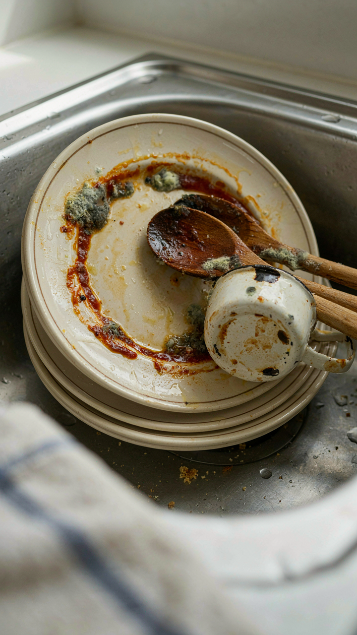 Dirty dishes with food particles and tiny mold spots in a basin.