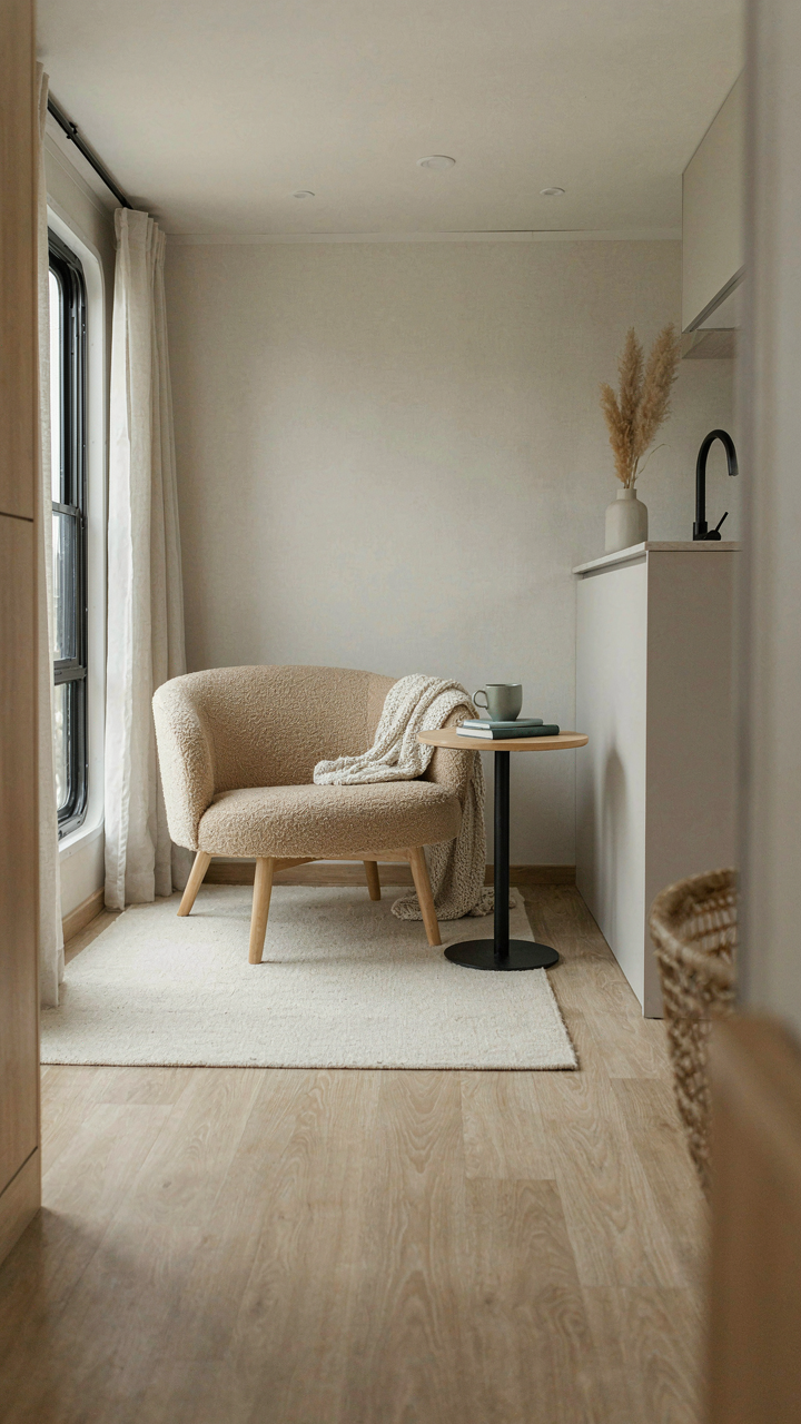 A minimalist chair and small table replace an RV dinette, looking intentional.