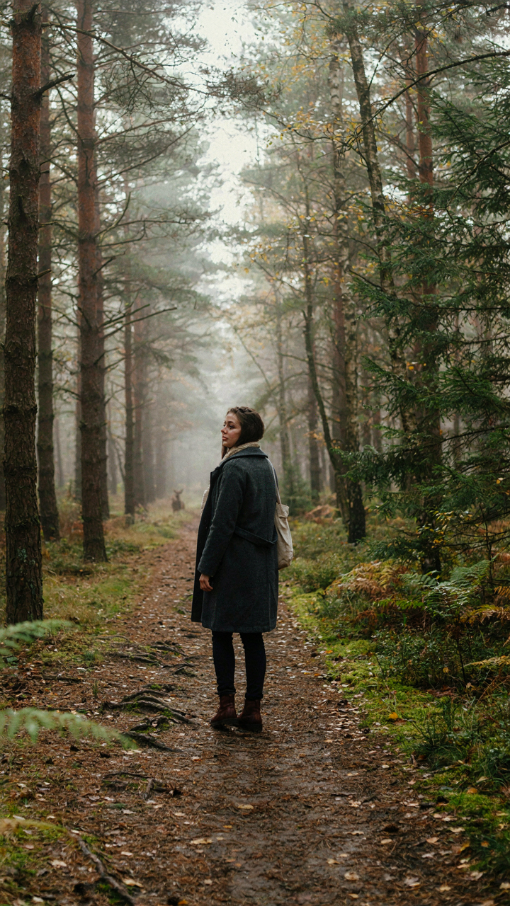 A person stands at a fork in a forest path, facing a decision.