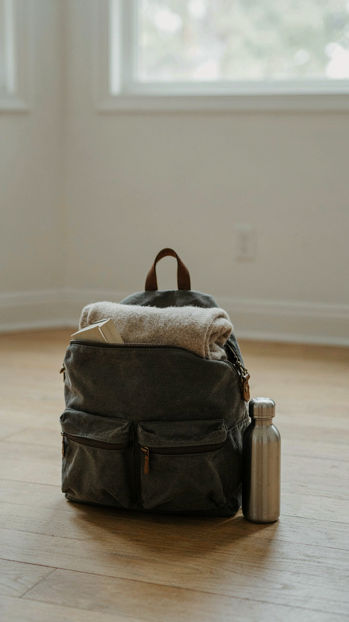 A small, well-organized backpack sits on a bare wooden floor.