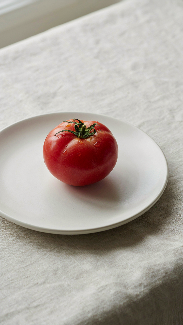One perfect red tomato sits alone on a white plate, showing a minimalist approach.