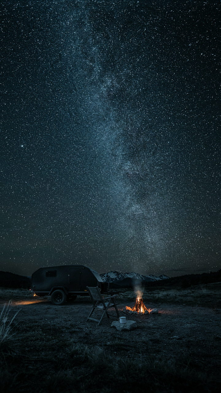 A simple, small off road camper trailer at a minimalist campsite.
