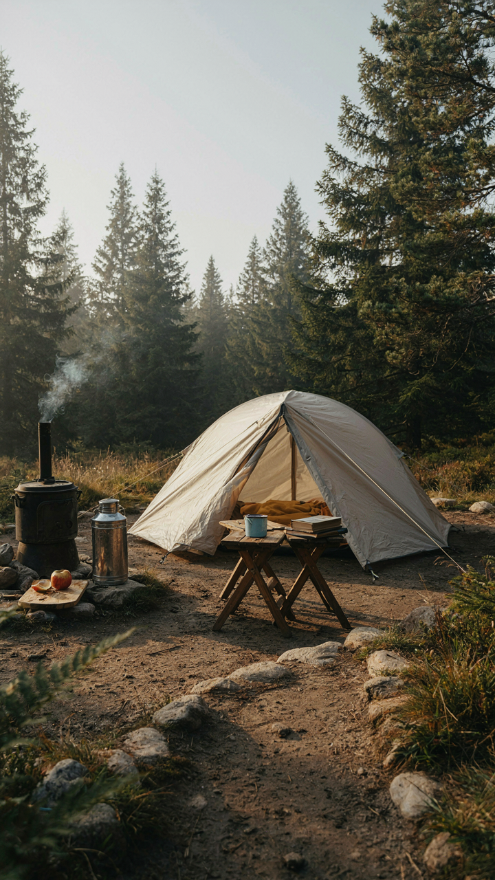A clean, minimalist campsite with only essential gear and clear walking paths.
