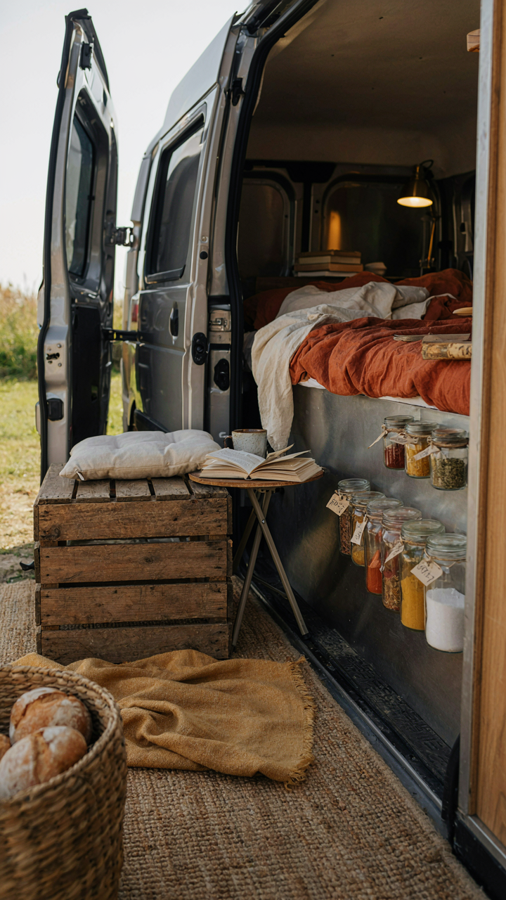 A wooden crate serving multiple uses and a magnetic spice rack in a minimalist van.