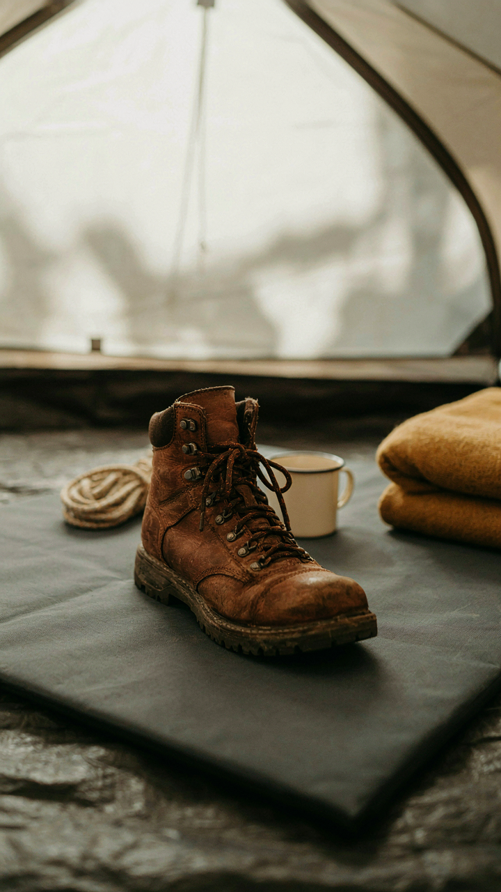 A single hiking boot on a mat inside a minimalist camping tent.