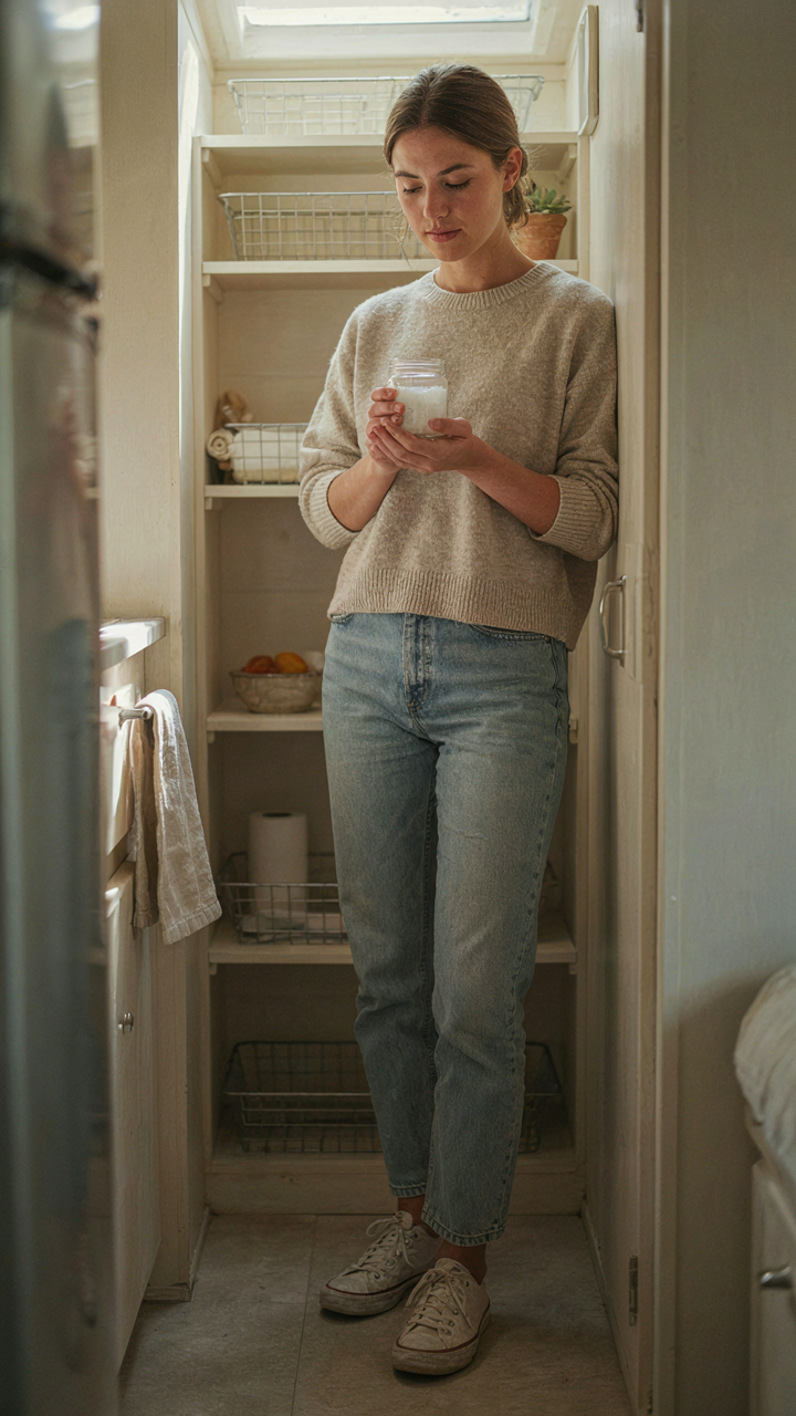 A person holds one item in a mostly empty RV pantry, showing minimalist choices.
