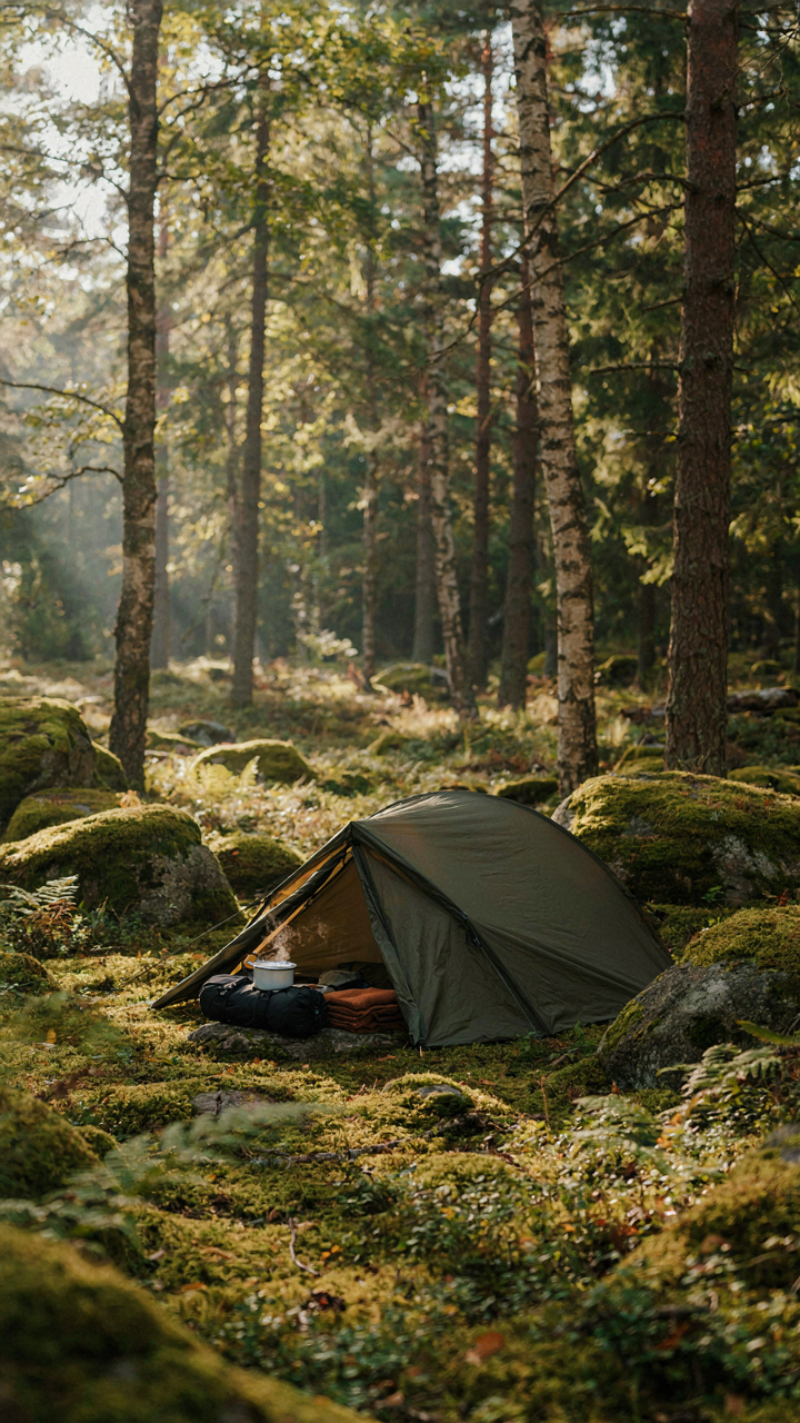 A very small, minimalist camping setup sits in a beautiful forest clearing.