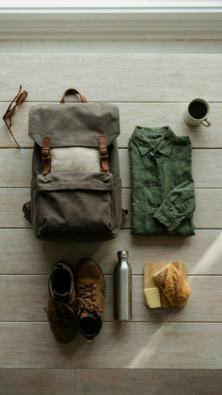 A minimalist backpack with essential items sits on a clean camp table, ready for travel.
