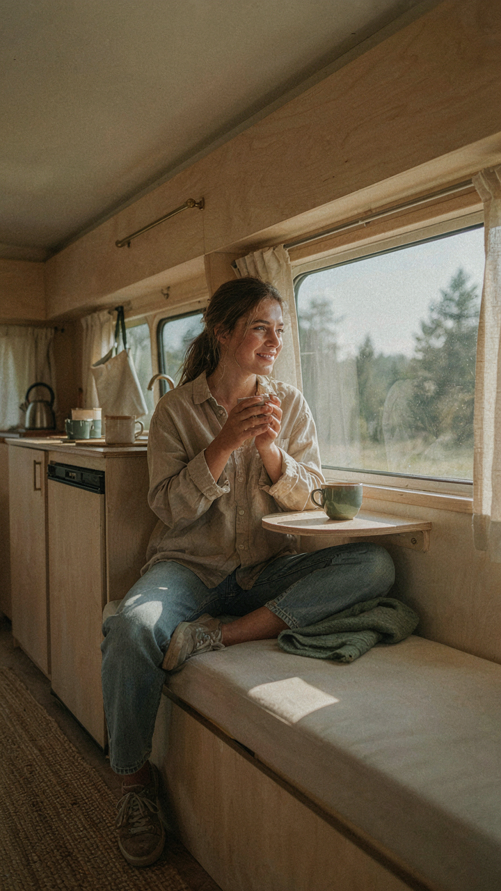 A minimalist camper van interior has essential items and open space.