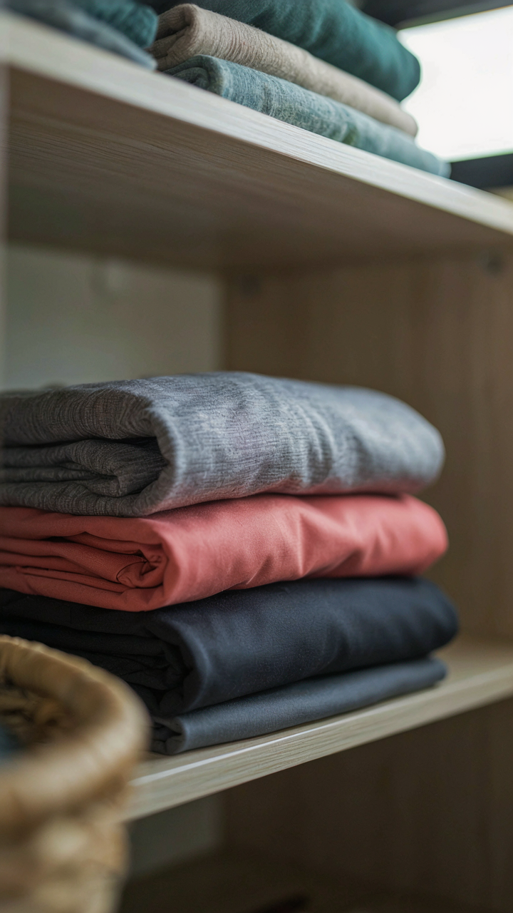 Neatly folded synthetic clothing inside a small RV closet.