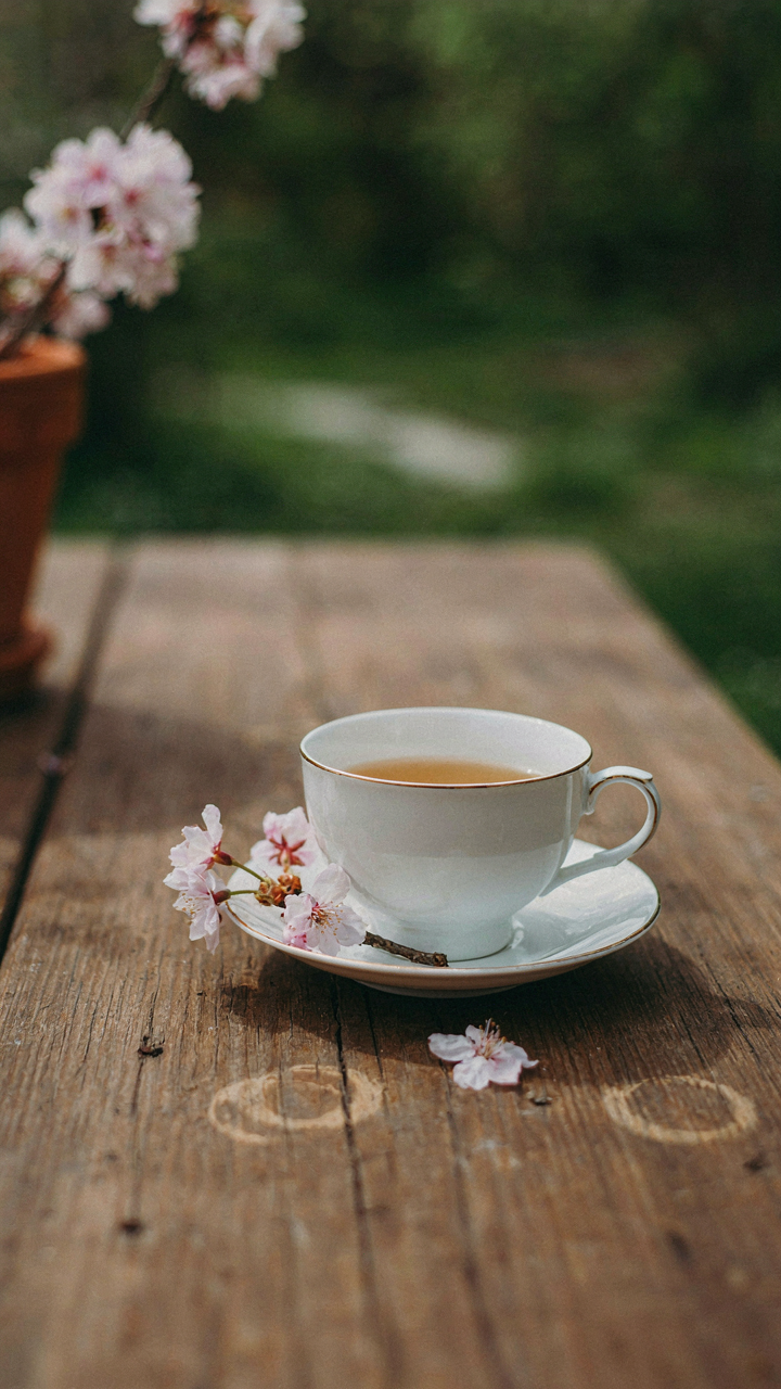 A single teacup with a flower sprig on a rustic outdoor table.