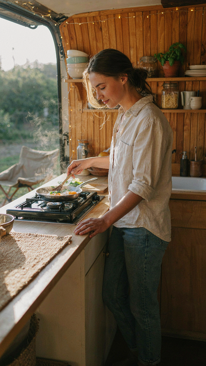 Someone cooking a small meal in a simple cargo trailer camper kitchen.
