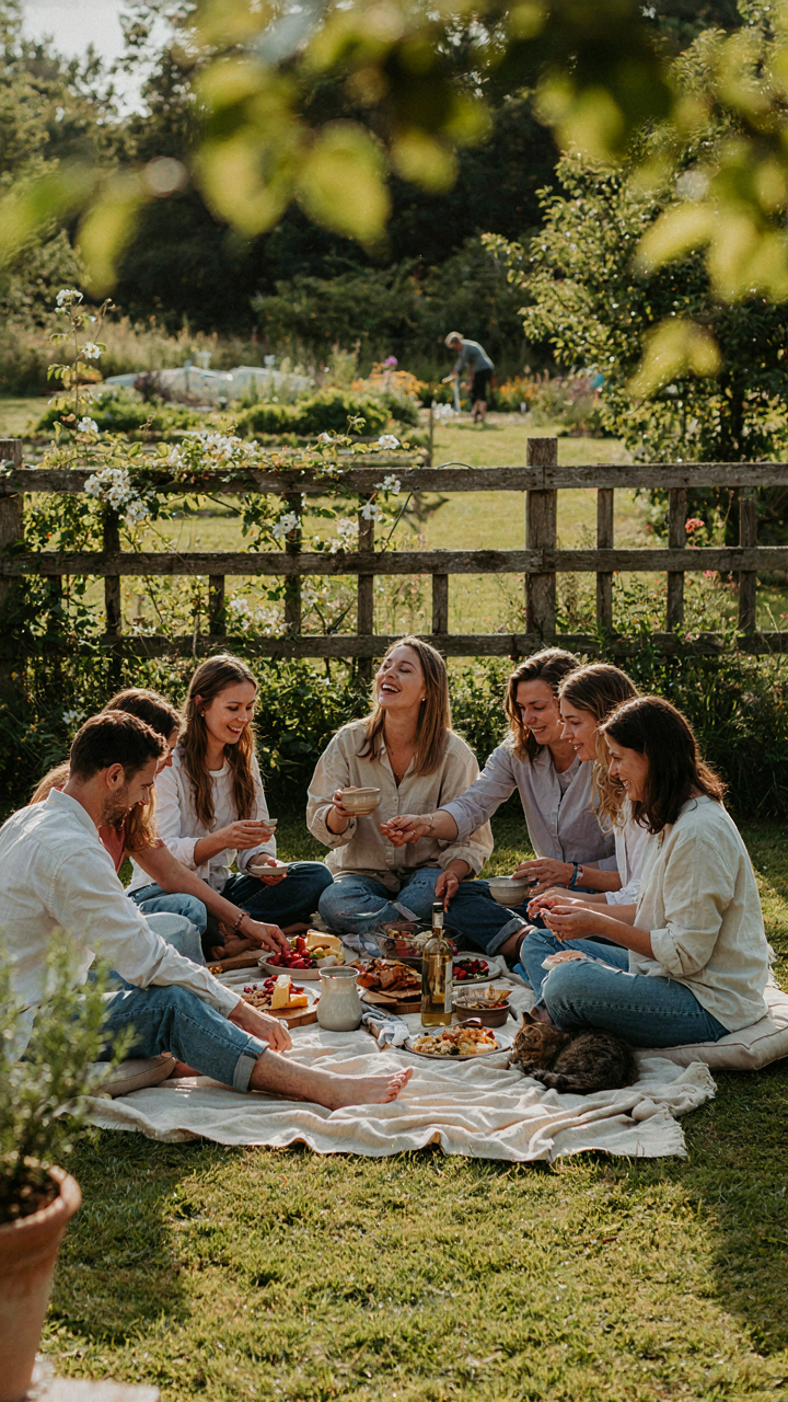 Friends enjoy a meal on floor cushions and low tables in a garden.