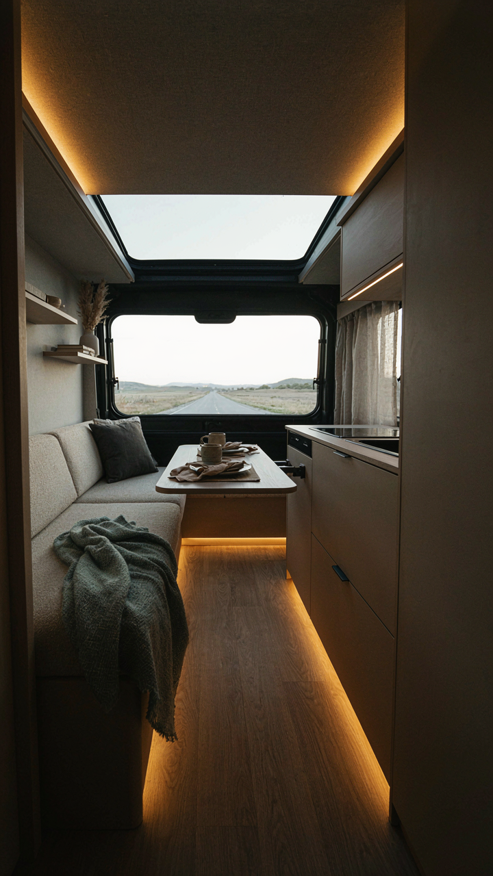 A minimalist RV interior has only a few well-placed LED strip lights.