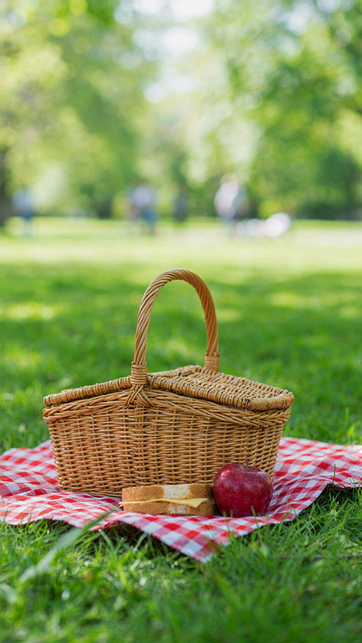 A picnic basket holds a simple sandwich, an apple, and a checkered blanket.