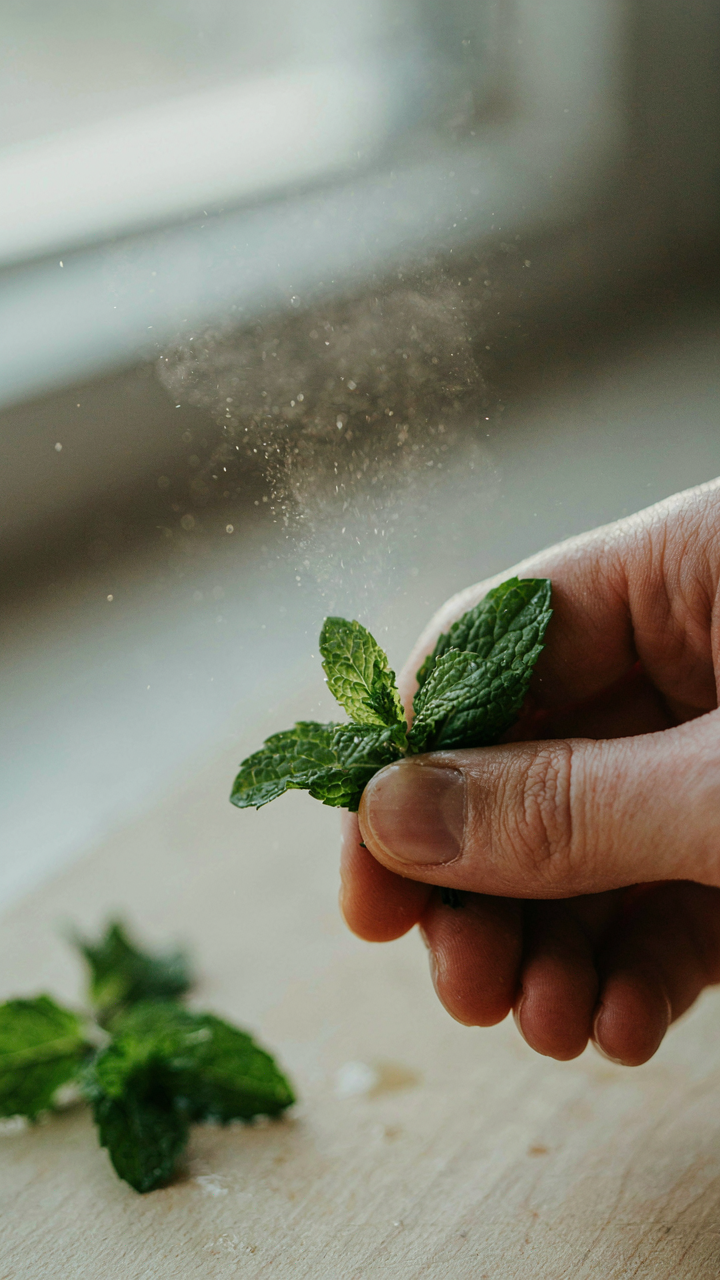 A hand gently crushes fresh mint leaves, releasing a visible mist into the air.