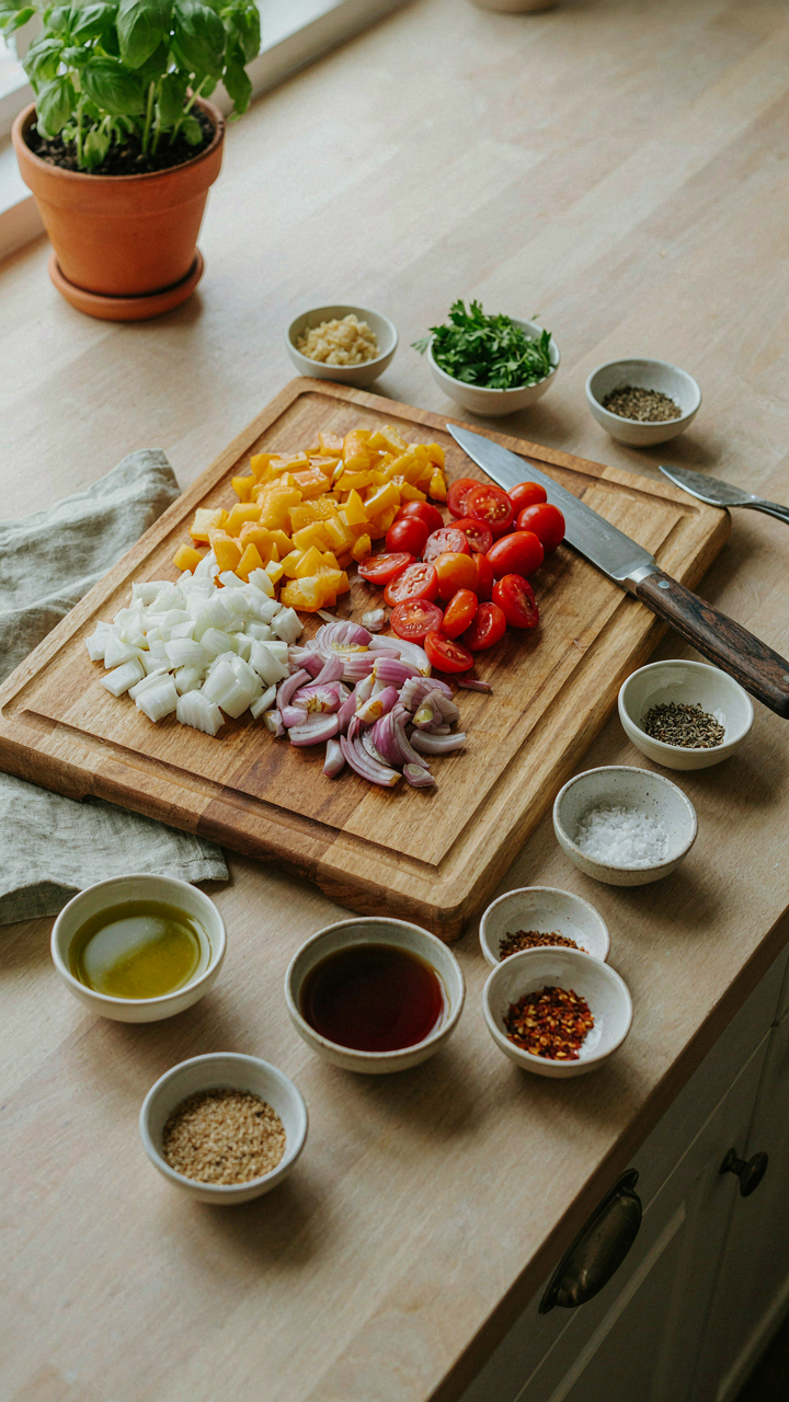 A chef's workstation with all ingredients neatly prepped and arranged.