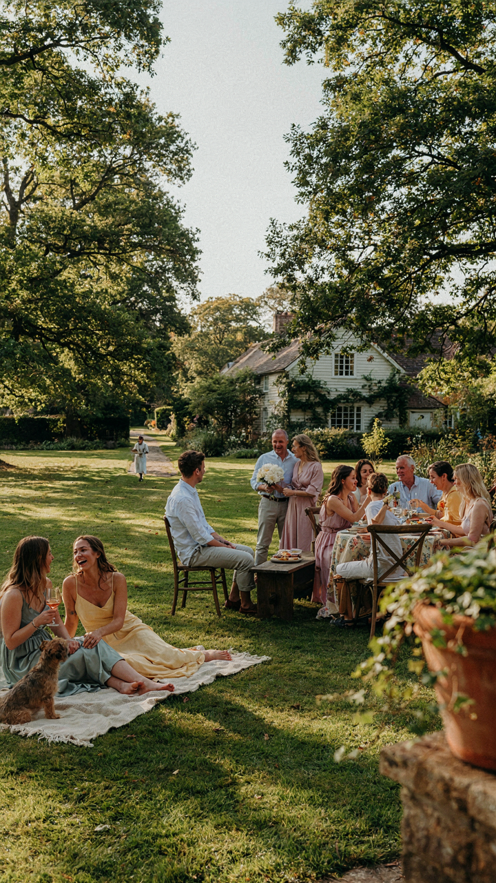 Guests move easily between different types of garden party seating.