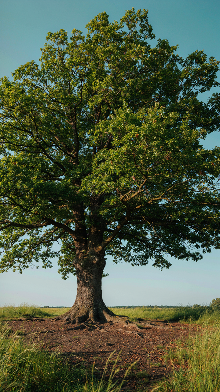 A large oak tree with deep roots stands strong in the earth.