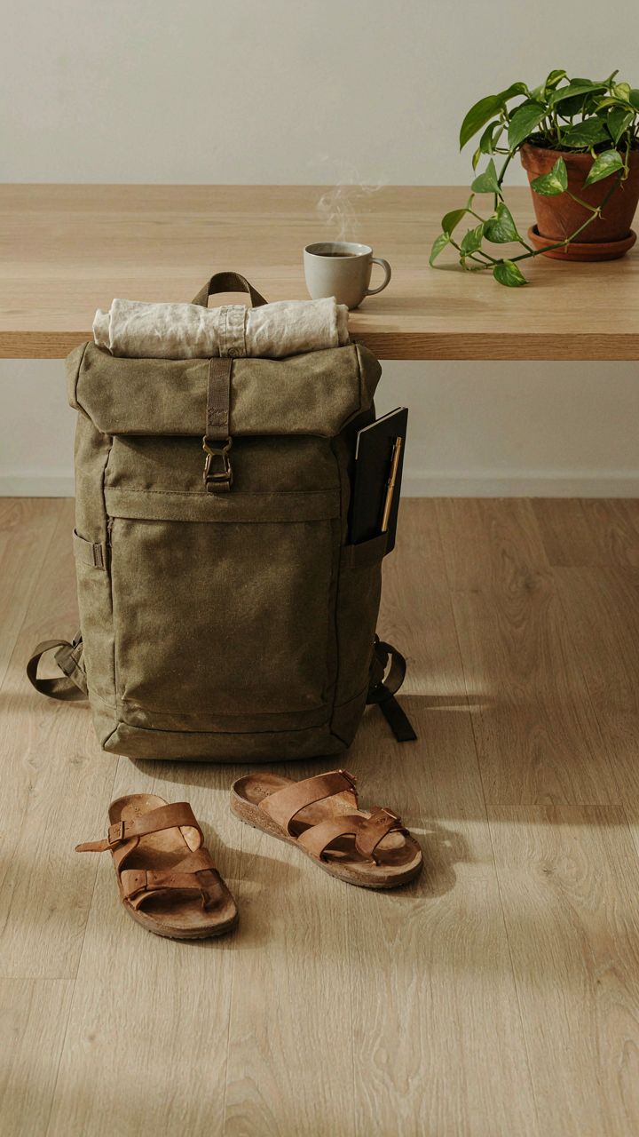 A backpack is packed carefully with only essential items.