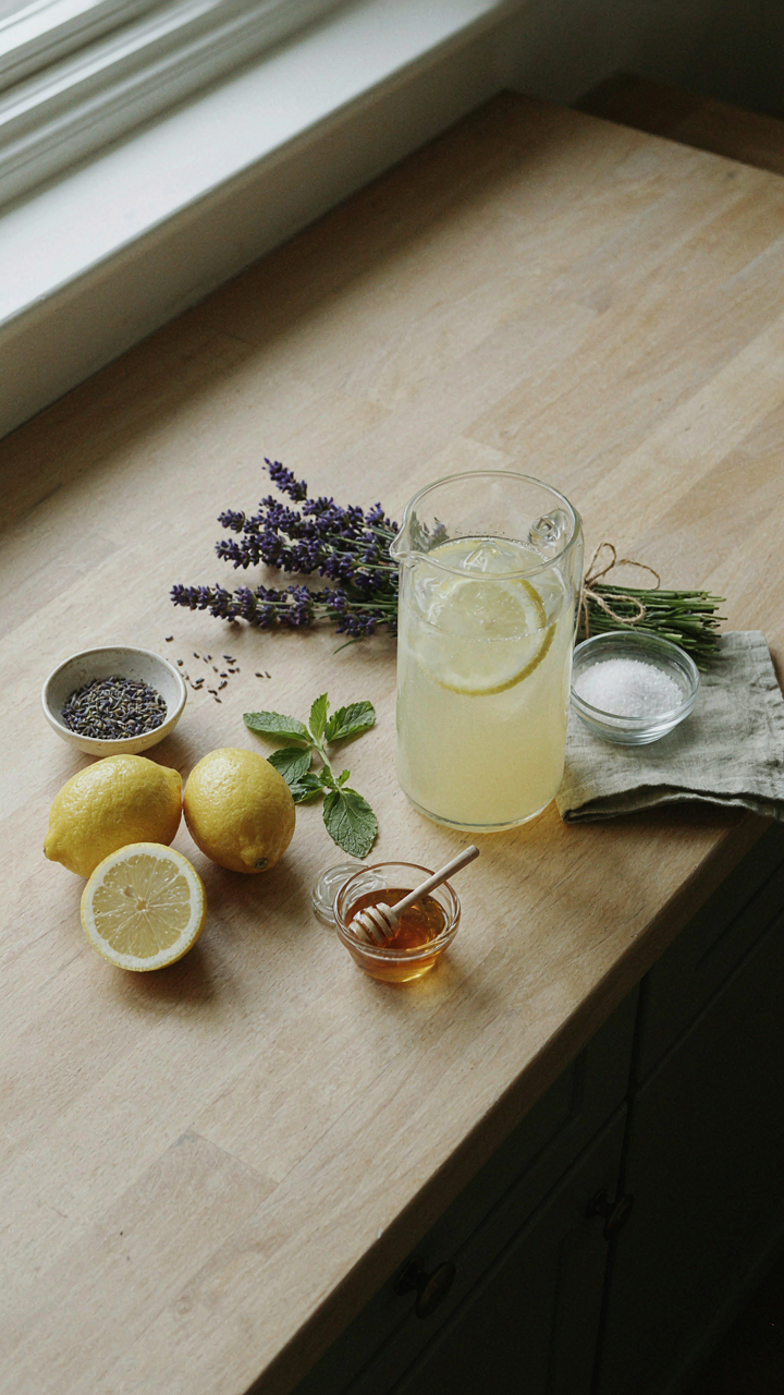 Kitchen counter with all ingredients prepped for a lavender lemonade mocktail.