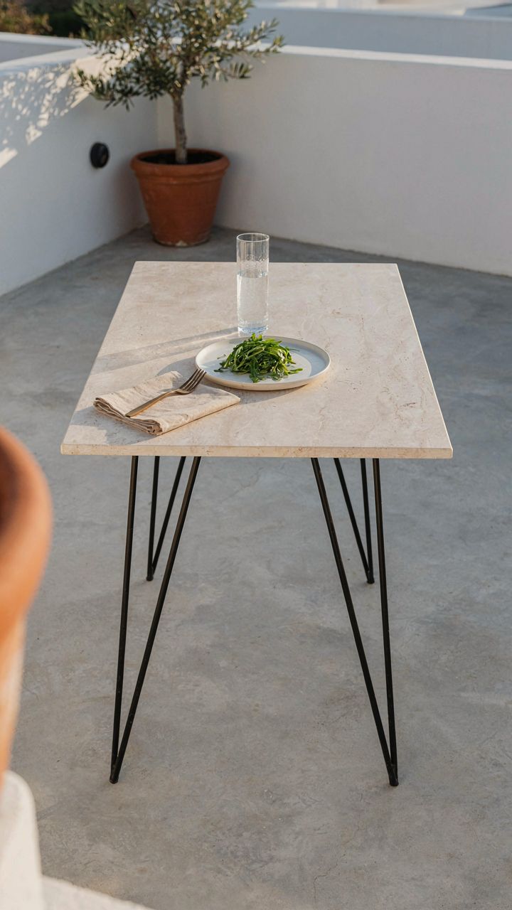 A sleek, modern outdoor dining table that seems uncomfortable.