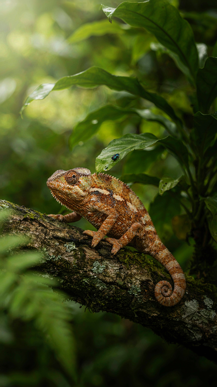 A chameleon blends perfectly into the tree branch it is sitting on.