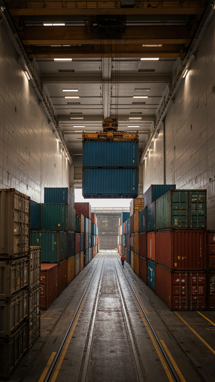 A ship's cargo hold with modular containers moved by a crane.