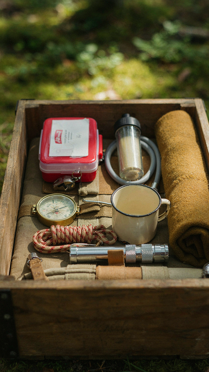 A camping crate with frequently used items like a first aid kit and water filter on top.