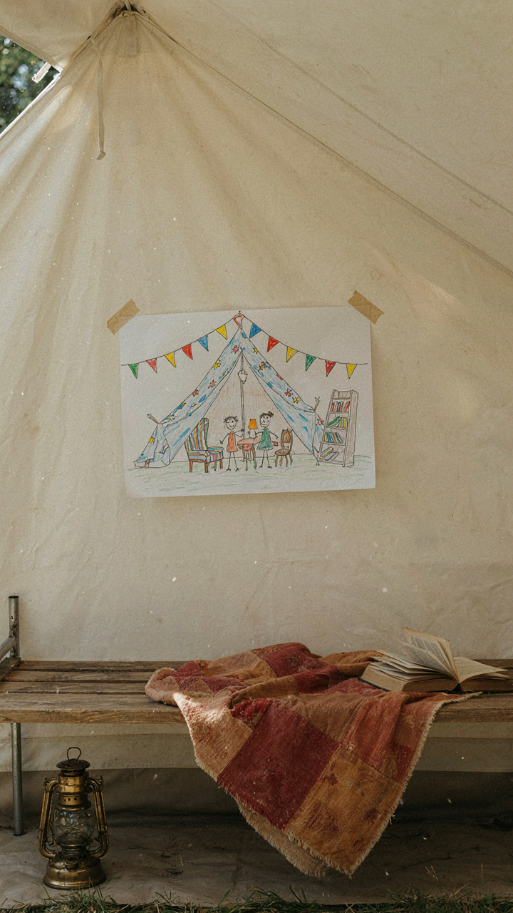 A child's drawing taped to a canvas tent wall, near a simple cot with an old book.