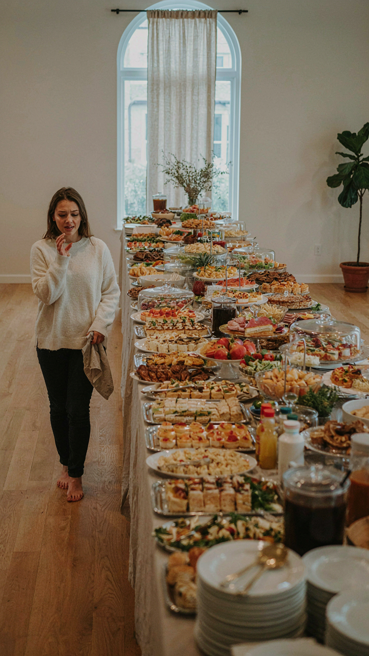 A person looks overwhelmed by a huge buffet table with too many food choices.
