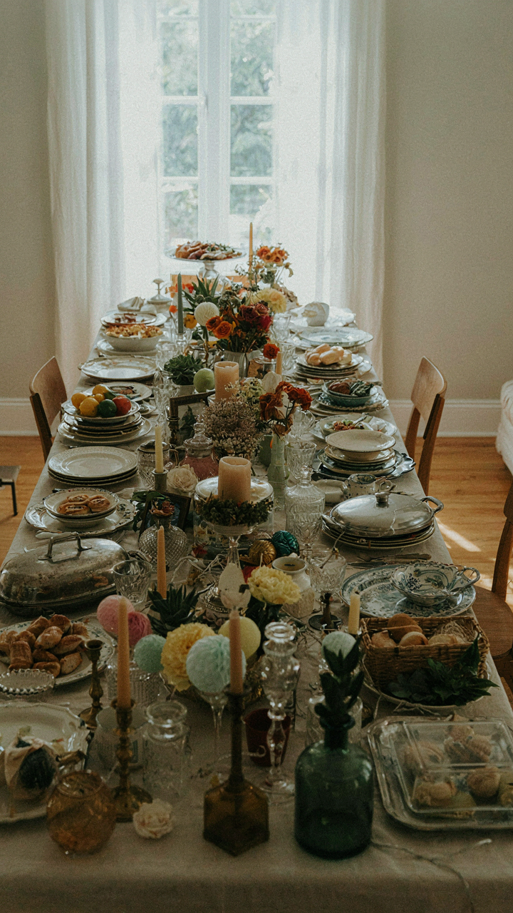 A party table completely covered with too many decorations and dishes.