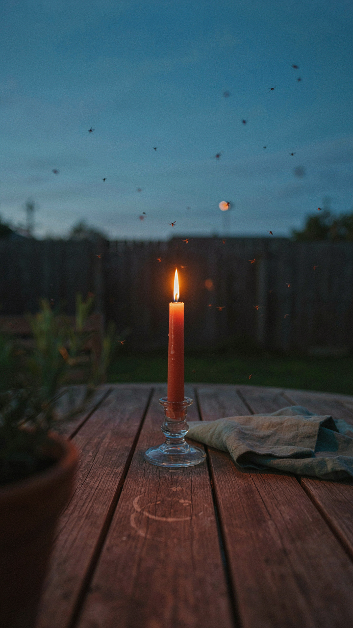 A citronella candle glows weakly on an outdoor table as mosquitoes hover nearby.