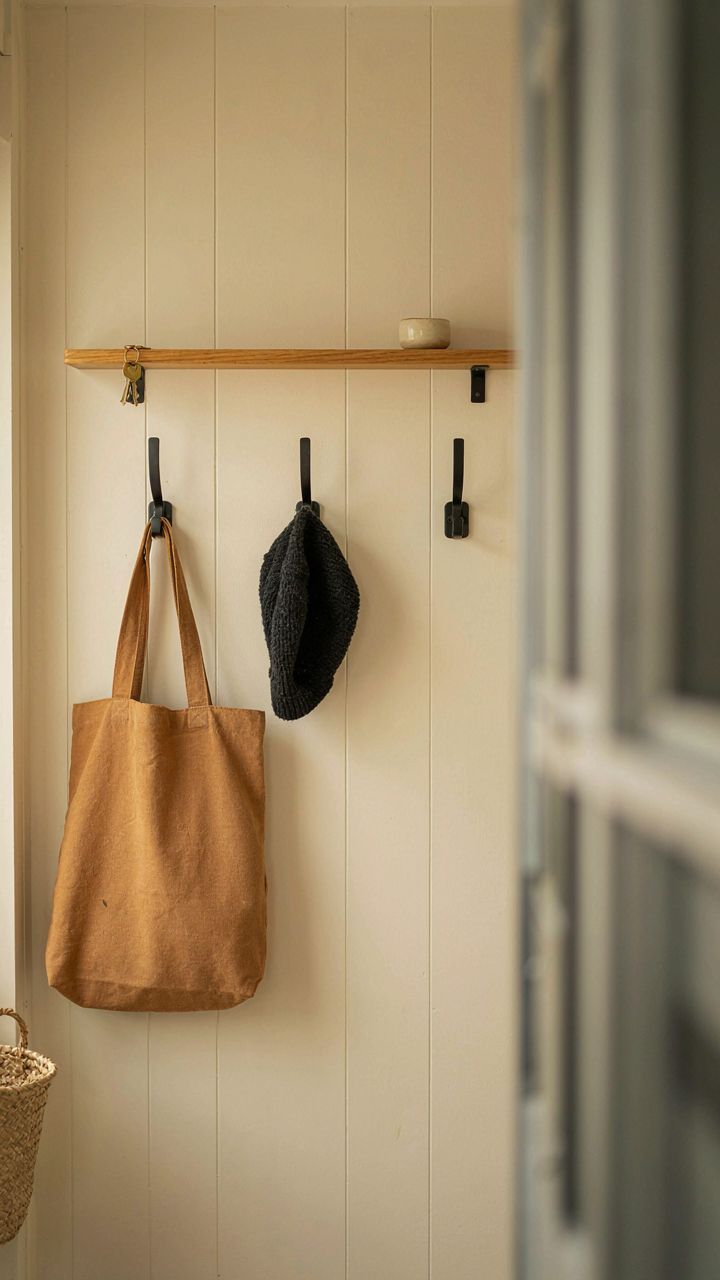 RV wall with hooks for coats and a floating shelf for small items.