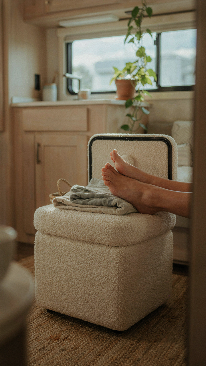A multi-functional ottoman in an RV serves as seat and storage.