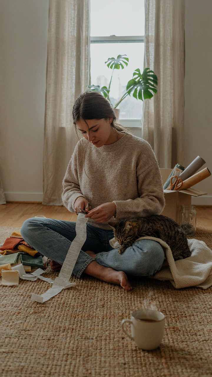 A person crafting DIY decorations, surrounded by many materials and a shopping receipt.