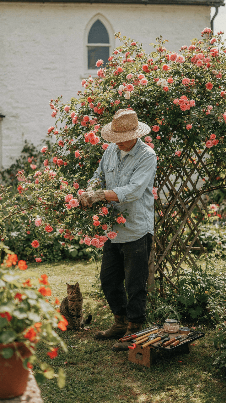 A gardener carefully prunes a climbing rose in a well-kept cottage garden.