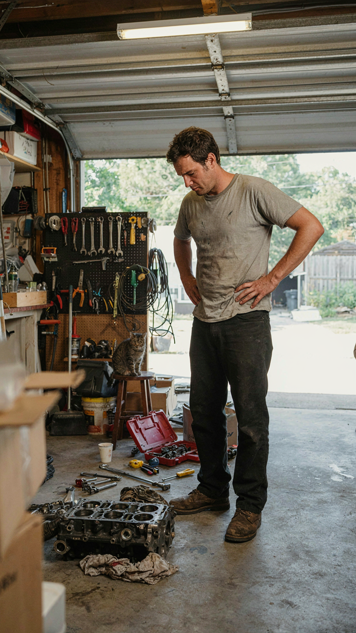 A person looks overwhelmed in a messy garage with many scattered tools.