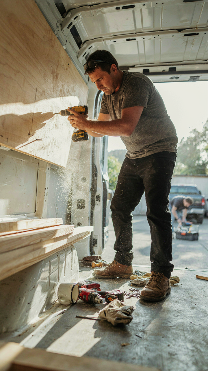 A person quickly screws a wooden panel into a cargo van wall.