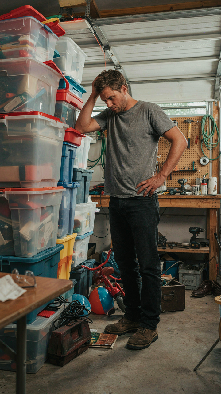 A garage is messy with too many random storage bins, causing frustration.