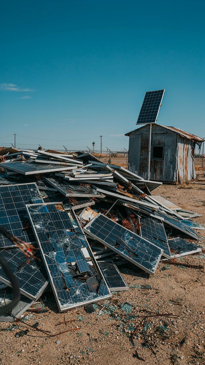 A massive pile of discarded, broken solar panels fills a junkyard.