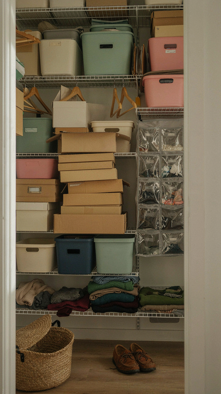 A closet full of empty storage containers, taking up all the space.