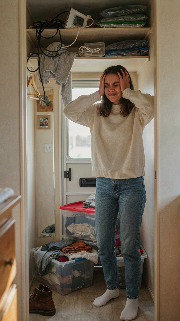 A person looks stressed in a messy closet filled with organizers.
