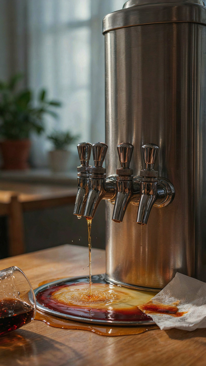A broken, complex drink dispenser with many spigots leaks onto a table.
