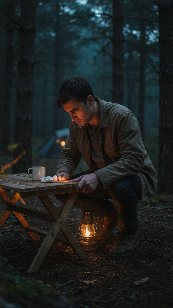 A person struggles to fix a wobbly, poorly built wooden folding table in a dark campsite.