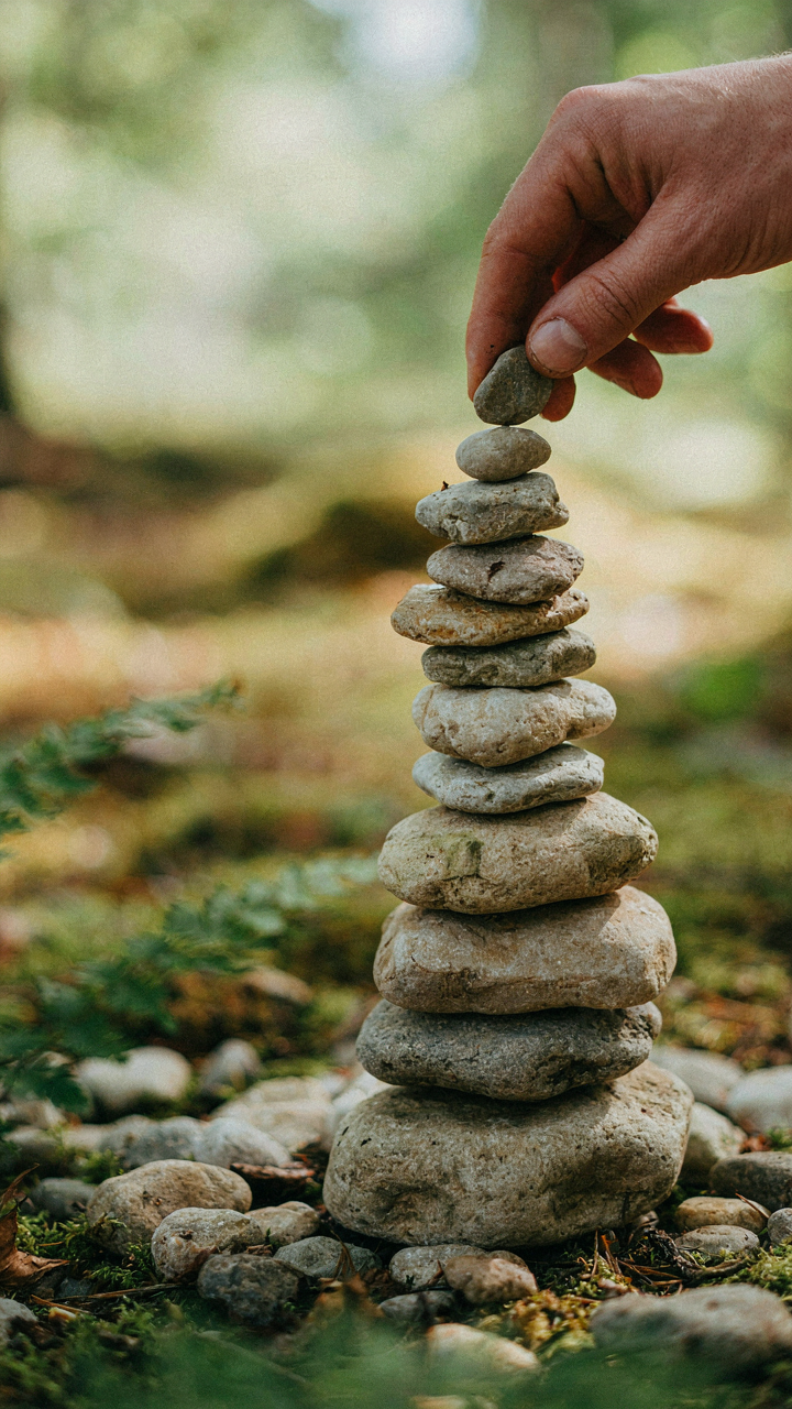 A hand places a small stone on a growing pile.