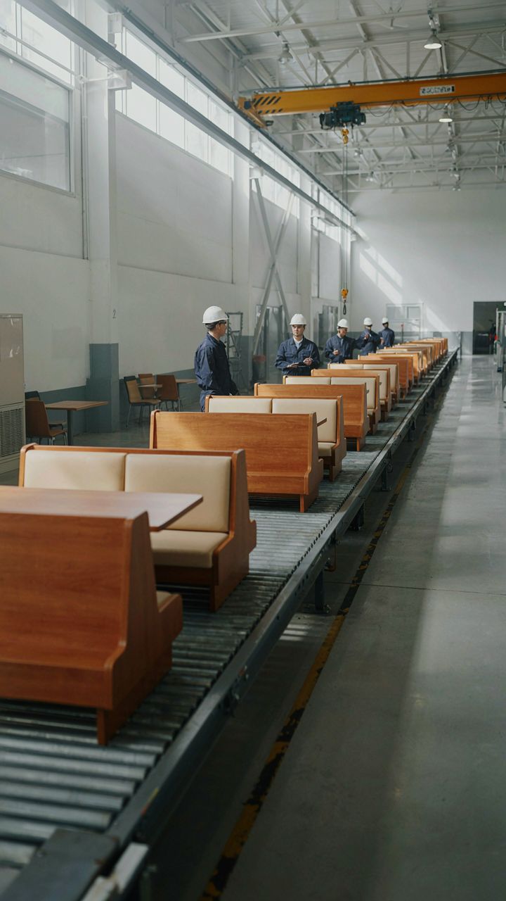 A factory assembly line showing identical dining booths in production.